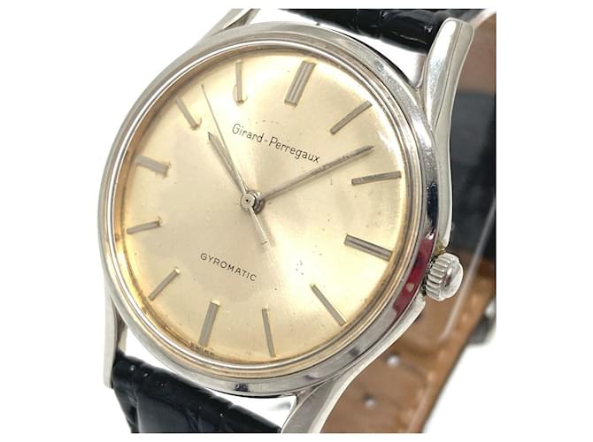 Girard Perregaux *GIRARD-PERREGAUX ancienne montre gyromatique à remontage automatique SS / cuir homme argent Noir  ref.541525